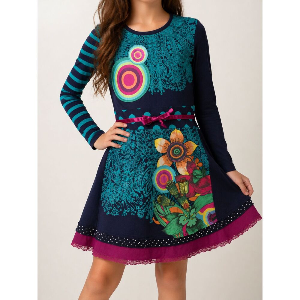Desigual Girls Dress 9/10 Colorful Boho Patchwork Long Sleeve 100% Cotton NWOT